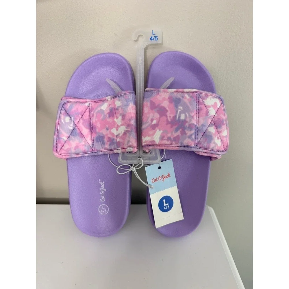 Cat & Jack Slide Sandals Girls L 4/5 Purple Pink Camo Adjustable Strap NWT